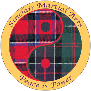 Sinclair Martial Arts logo: A yin-yang symbol with a red formal Sinclair tartan on the Yang side and the green hunting tartan on the yin side. Around the outside are the words, 